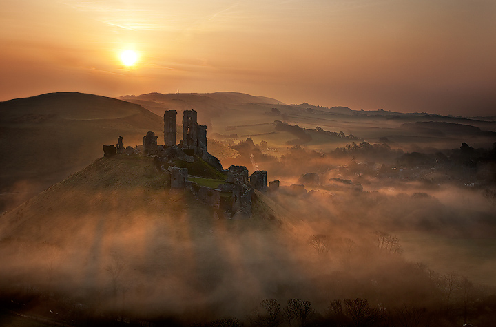 Corfe Castle at sunrise